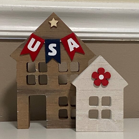 Set of Two Wooden Houses - Patriotic Tiered Tray Decor July 4th Wood Houses USA - Picture 3 of 4